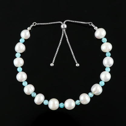 CRYSTALIS Natural Larimar And Freshwater Pearl Beaded Bracelet, Elegant Beads Crystal, Chakra Bracelet, Healing Bracelet, Gemstone Jewelry, 925 Sterling Silver Slider 10 inch