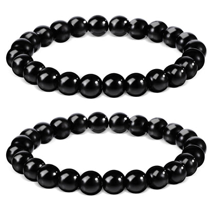 Heclia 2Pcs Black Obsidian Bracelet for Women Men, 8MM Natural Stone Stretch Beaded Bracelet, Healing Crystal Energy Jewelry for Stress Relief Yoga Gifts