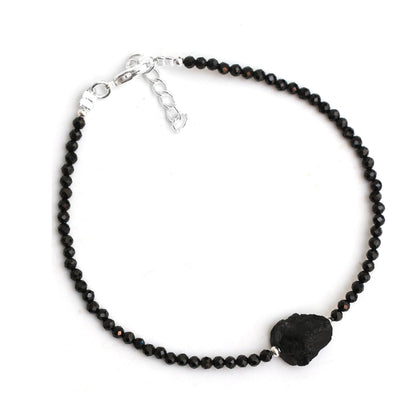 Gempires Natural Black Spinel Beaded Bracelet With Raw Gemstone Crystal Jewelry Hypoallergenic 8 Inch Silver Plated Lightweight Handmade Jewelry Gifts For Her