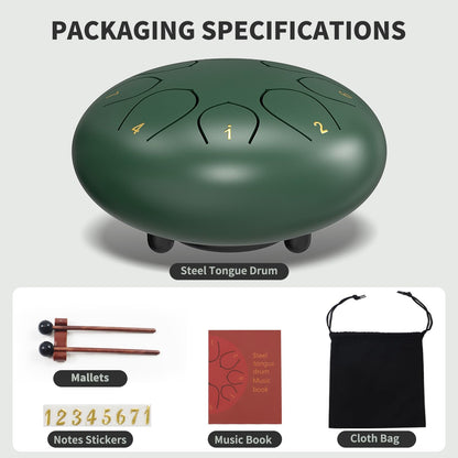 Rain Drum for Outside Garden, 6 Inches 8 Notes Steel Tongue Chakra Drums, Waterproof Meditation Rain Chime, Musical Instruments for Adult Gift with Bag, Music Book, Drum Mallets (Green)