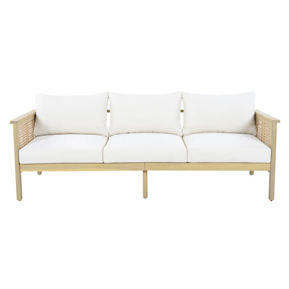 Christopher Knight Home Teras 8-Seater Patio Furniture Set with Removable Cushion, 5 Piece Outdoor Acacia Wood Conversation Set, Sold Wood Outdoor Sectional Sofa Set with Coffee Table,Light Teak+Cream