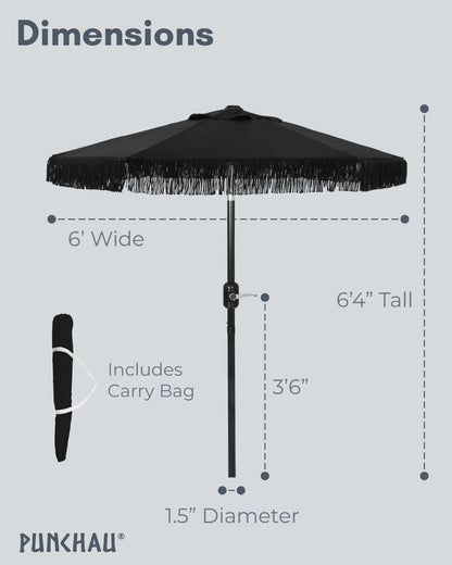 Punchau 6 Ft Black Fringe Patio Umbrella - Outdoor Umbrella for Patio, Pool, Table, Garden, & Deck, Push Button Tilt Pole - Fashionable Vintage Tassels - Black
