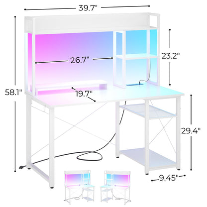 Cyclysio Gaming Desk with Hutch, 39'' Computer Desk with LED Lights & Power Outlets, Home Office Desk with Reversible 5 Tiers Storage Shelves & Monitor Stand, Small Gaming Table for Small Space, White