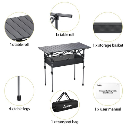Anbte 3ft Aluminum Roll Top Camping Table, 2 Adjustable Height Camping Table Folding with Storage Net & Bag Lightweight Roll Up Table for Tailgate Outdoor Backyard BBQ Patio Picnic, 32.2” X 16”, Black