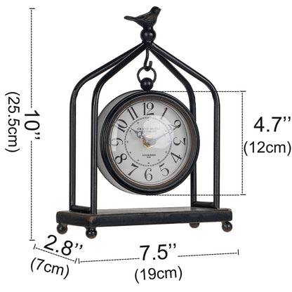 SOFFEE DESIGN 7.5'' x 10'' Mantel Clock Iron Tower Frame, Creative Bird Ornament Tabletop Clock, Silent Clock with Hollow Carved Back Cover for Home Decor, Black