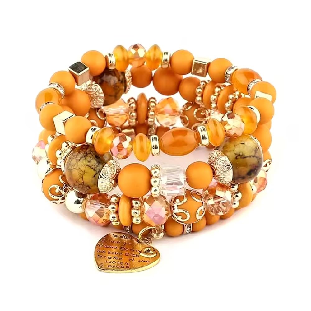 Jewellify Stackable Beaded Bracelets for Women Retro Tassel Multi-Layer Mixed Color Beaded Bracelet Bangles Set Gemstone Woven Female Jewelry Bracelet (Organe)
