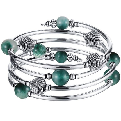 PEARL&CLUB Beaded Chakra Bangle Turquoise Bracelet - Fashion Jewelry Wrap Bracelet with Thick Silver Metal and Mala Beads, Birthday Gifts For Women(63-Jade Green)