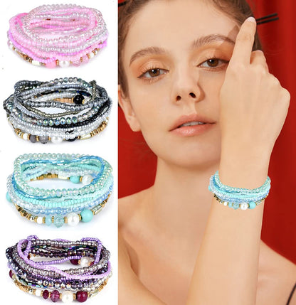 FINZOR 8 Sets Bohemian Stackable Bead Bracelets for Women Bohemian Bracelets Stretch Multi Layered beads Bracelet Set Boho Multicolor