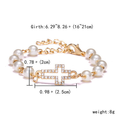 Dreuyet Pearl Beaded Bracelet for Women Trendy Cubic Zirconia Butterfly Starfish Cross Star Statement Bracelets Christmas Wedding Jewelry Gifts (cross)