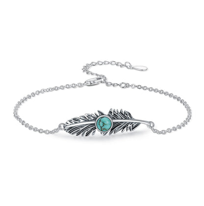 BETHZA Feather Turquoise Bracelet for Women Sterling Silver Genuine Turquoise Gemstone Link Adjustable Bracelet Navajo Jewelry Gift for Birthday Mothers Day (7+2")