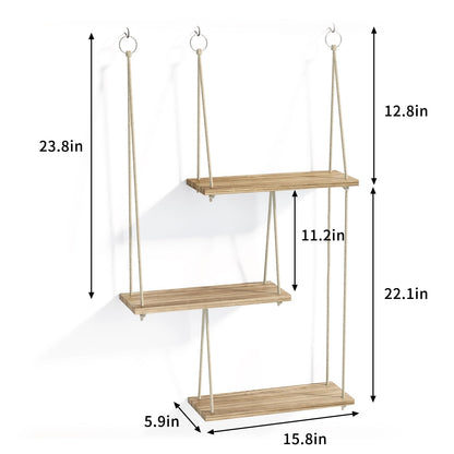 Fixwal Hanging Plant Shelves for Wall, 3 Tier Boho Wall Decor Plant Rack Floating Shelves Rope Rustic Wood Organizer Storage Hanger for Aesthetic Home Bedroom Kitchen Bathroom- Rustic Brown