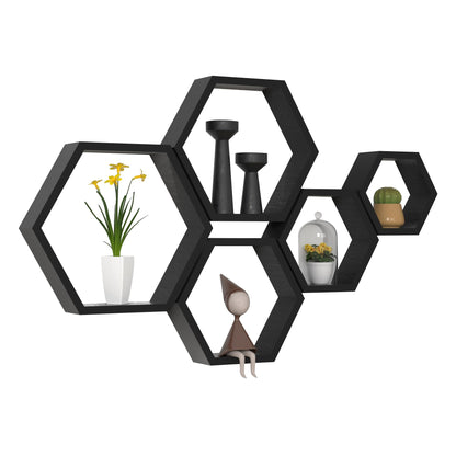 WONFUlity Hexagon Floating Shelves Honeycomb Shelves Wall Mounted Wood Farmhouse Storage Wall Shelf for Bathroom, Kitchen, Bedroom, Living Room,Driftwood Finish Decor, Black