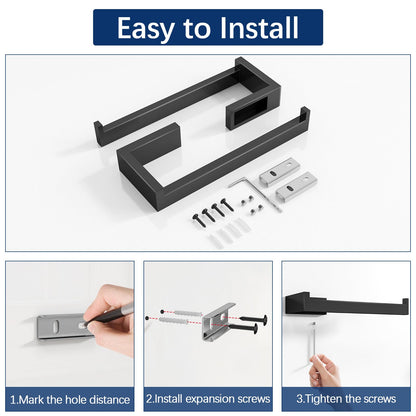 Gypie Hand Towel Holder for Bathroom Wall 2 Pack -Modern Towel Ring Square Hidden Mount with Dual Screws, Anti-Slip End, Stainless Steel, Matte Black