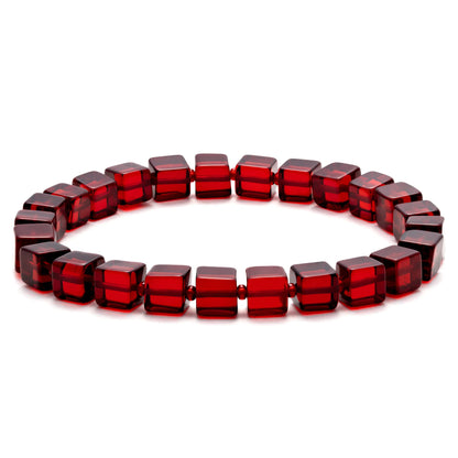 Amber by Mazukna Natural Red Baltic Amber Bracelet for Women and Men – Stretch Wristband with Polished Cube Beads, Lightweight Unisex Jewelry Gift for Daily and Casual Wear (Red)