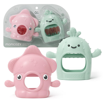 Momcozy 2 Pack Baby Teething Toys, Food Grade Silicone Baby Teether for 0-6 6-12 Months, Anti-Drop Wrist Mitten Set, Baby Essentials Teething Relief, 200°C Sterilizer Safe， Pink & Mint Green