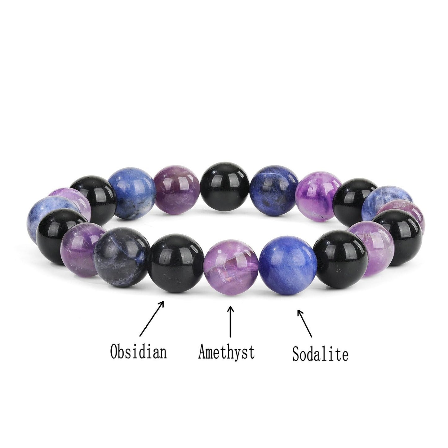Crystal Vibe Empowerment Strength Confidence Bracelet – Amethyst, Black Obsidian & Sodalite Crystal - 10mm Beaded Bracelets For Men Women – Adjustable Size