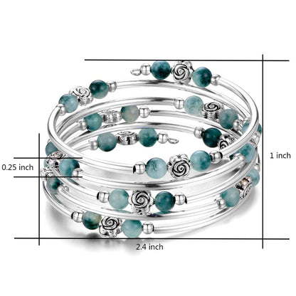 BULINLIN Wrap Bangle Rose Bead Bracelet - Beaded Bracelet with Natural Agate Stone Gifts For Women(01-Jade green)