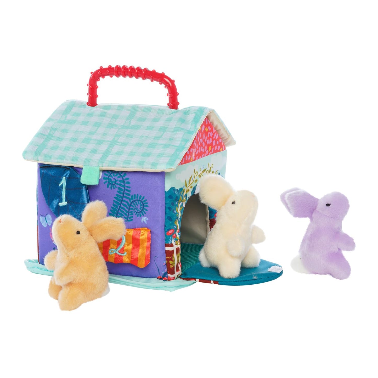 Manhattan Toy Cottontail Cottage Fill and Spill Baby and Toddler Sensory Activity Toy with 3 Stuffed Animal Bunny Rattles