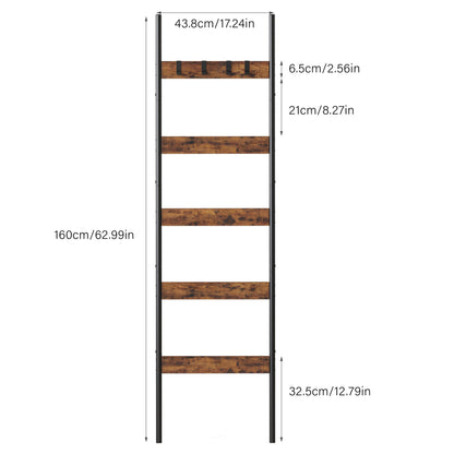 Blanket Ladder, 5-Tier Towel Holder with 4 Removable Hooks, Farmhouse Wall Leaning Decorative Rack Shelf, Wooden Towel Display Rack, Quilt Ladder for Living Room, Bedroom, Rustic Brown