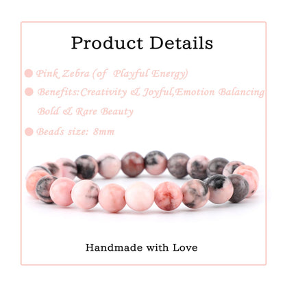 Bymitel 8mm Pink Zebra - Handmade Reiki Gemstone Stretch Bracelet, Natural Beauty & Spiritual Essence, Crystal Healing for Unisex Adults
