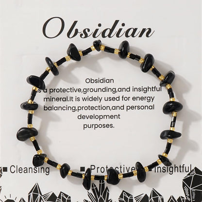 SHINUS BOHO Healing Natural Crystal Beaded Stretch Bracelet for Women,Handmade Boho Irregular Obsidian Energy Stones Protection Insightful Bracelet Summer Beach Fashion Jewelry Gift Friendship
