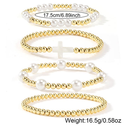 Bohxantium Stackable Gold Beaded Bracelets for Women - Stretch 14K Gold Beads Boho Pearl Cross Bracelet Stack Non Tarnish Trendy Jewelry Set Friendship Christian Gift for Women