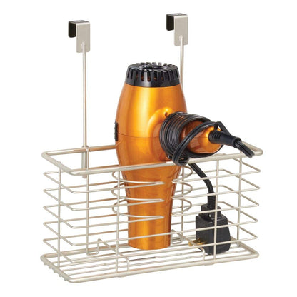 mDesign Steel Over Cabinet/Door Hair Dryer Holder Storage, Hair Styling Tool Organizer Basket for Bathroom - Blow Dryer, Flat Iron, Curling Wand, Straightener, Linelle Collection - Satin