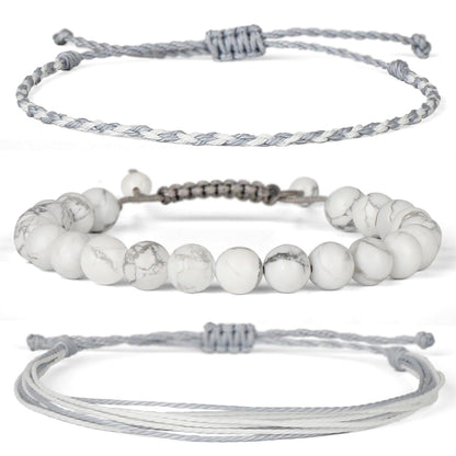 QOGIR Handmade Healing Stones Bracelet,8mm Natural White Howlite Gemstone Beads Bracelet,for Men Women Gifts with 2PCS Size Adjustable Rope Bracelets