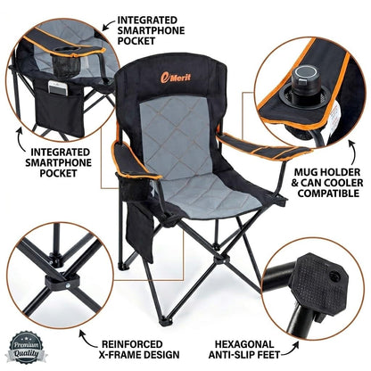 EMERIT 2 Pack Oversized Padded Camping Chair, 350LB Heavy Duty Quad Fold Chair with Arms, Collapsible Outdoor Chairs with Lumbar Back & Cup Holder