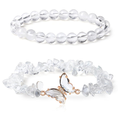 DUQGUHO 2Pcs Clear Quartz Bracelets for Women Butterfly Bracelets for Women White Crystal Bracelets Gemstone Bead Jewelry Cute Butterfly Charm Bracelet 8mm Crystal Beaded Jewelry Gifts for Women