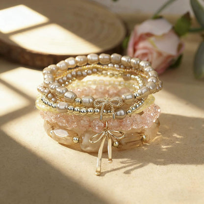 ChungLong0593 Cute Bow Charm Stackable Beaded Bracelet Set - Layer Pearl & Crystal Stretch Bracelets for Women, Sweet Multi-strand Boho Bracelet Jewelry (Gold)