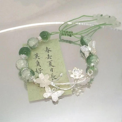 PLwelth Green Crystal Beaded Bracelets for Women Cute Butterfly Flower Pendant Bracelet Adjustable Imitation Jade Bracelet Handmade Healing Beaded Bracelet Friendship Jewelry Birthday Christmas Gifts