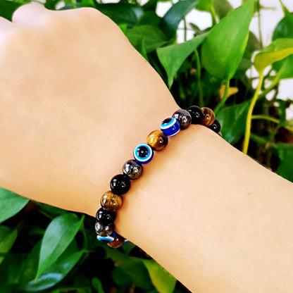 WEFRIN Evil Eye with Hematite Black Obsidian Tiger Eye Stone Triple Protection Bracelets for Men Women, Crystal Jewelry Stone Bracelets Bring Luck and Prosperity and Happiness (C)
