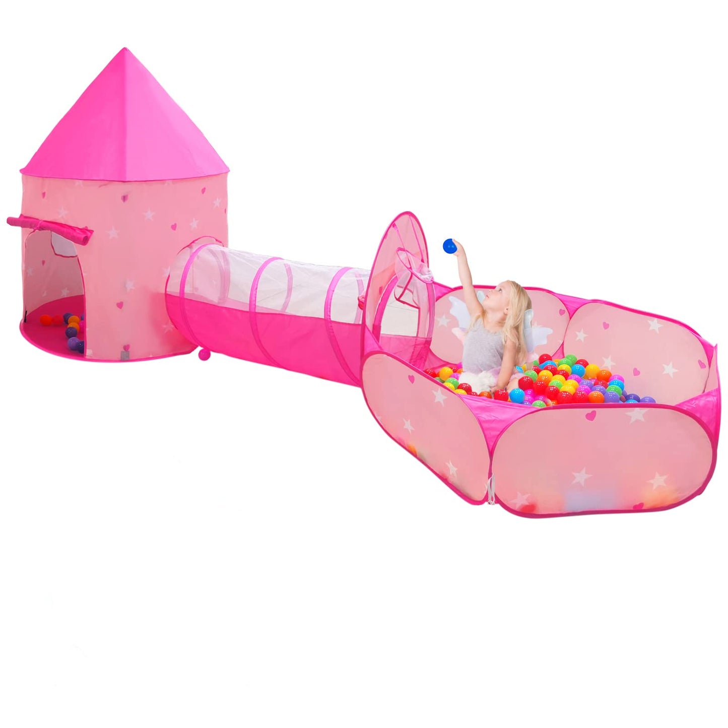 3PC Princess Tent for Girls with Kids Ball Pit, Kids Play Tents and Crawl Tunnel for Toddlers, Pink Pop Up Playhouse Toys for Baby Indoor& Outdoor Tent Games (Pink Tent with Stars 3pc)