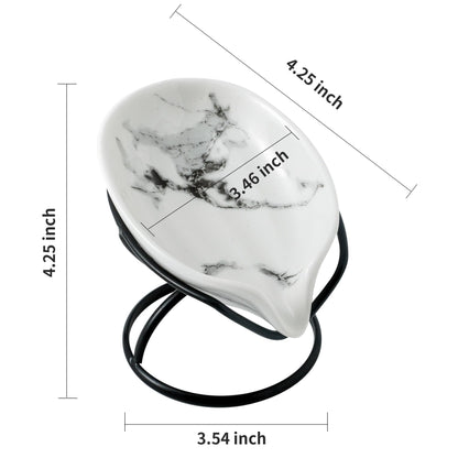 Dobbyby Leaf-Shaped Soap Dish – Premium Ceramic Soap Bar Holder with Self-Drainage System – Bar Soap Holder for Shower, Bathroom Sink, Kitchen – Waterfall Soap Dish with Stainless Steel Stand (Black)