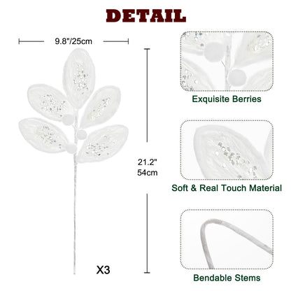 Briful 3PCS White Fur Christmas Picks and Sprays - 21.2" Plush Christmas Leaves Stems with Glitter Sequins for Xmas Tree Wreath Garland Holiday Floral Decor
