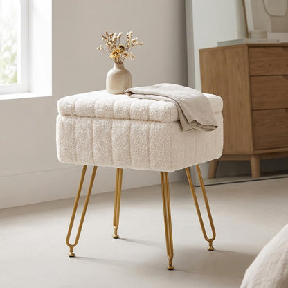 CLICKBIN 16" Teddy Fabric Storage Ottoman, Plush Vanity Stool with Hidden Storage for Bedroom, Living Room, Beige
