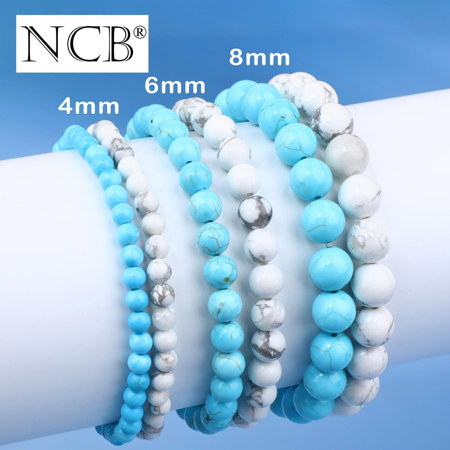 NCB 2-Piece 6mm Natural Crystal Gemstone Stretch Bracelets – ﻿Blue Turquoise, Howlite Handmade Reiki Energy Healing Jewelry for Meditation,Yoga, Unisex