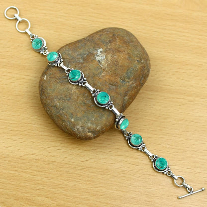 Natural Turquoise 925 Silver Plated Round Gemstone Adjustable Bracelet for Women - December Birthstone Bohemian Vintage Style Handmade Jewelry Bracelet - Gift for Her