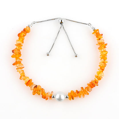 CRYSTALIS Natural Carnelian Beads Slider Bolo Bracelet with Elegant Pearl, Uncut Chips Nuggets Crystals, Chakra Healing Gemstone, Women Jewelry, 925 Sterling Silver Slider 10 inch