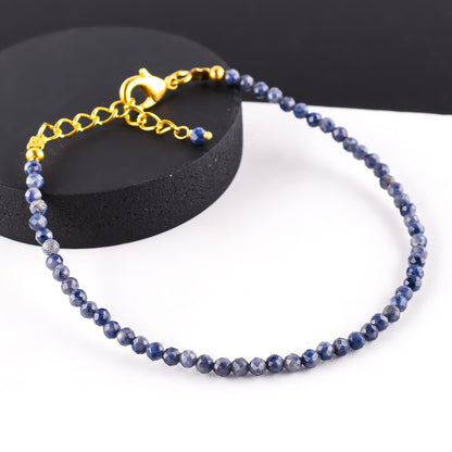 Natural Blue Sapphire Gemstone Micro Beads Dainty Bracelet Jewelry for Women, September Birthstone, Chakra Energy Crystals, 14k Gold Plated Chain 8 inch Adjustable