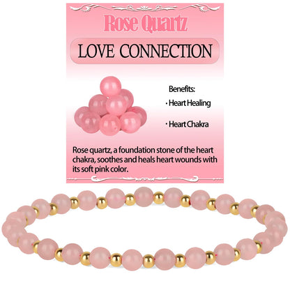 QOGIR Rose Quartz - Love Connection - 14K Gold Plated Beads Natural Gemstone Stretch Elastic Dainty Healing Beaded Bracelets Gifts 4mm