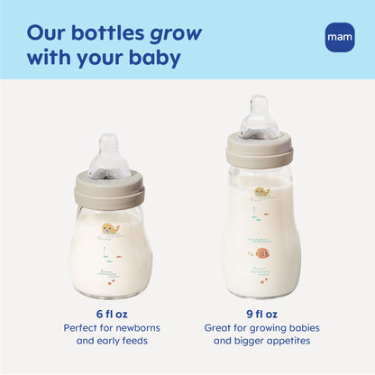 MAM 9oz Premium Glass Wide Neck Baby Bottle with Medium Flow Breastfeeding-Like Silicone Nipple, Easy to Clean, BPA Free, 2+ Months, Easy Switch Between Breast and Bottle, Made in Europe, 3 Pack