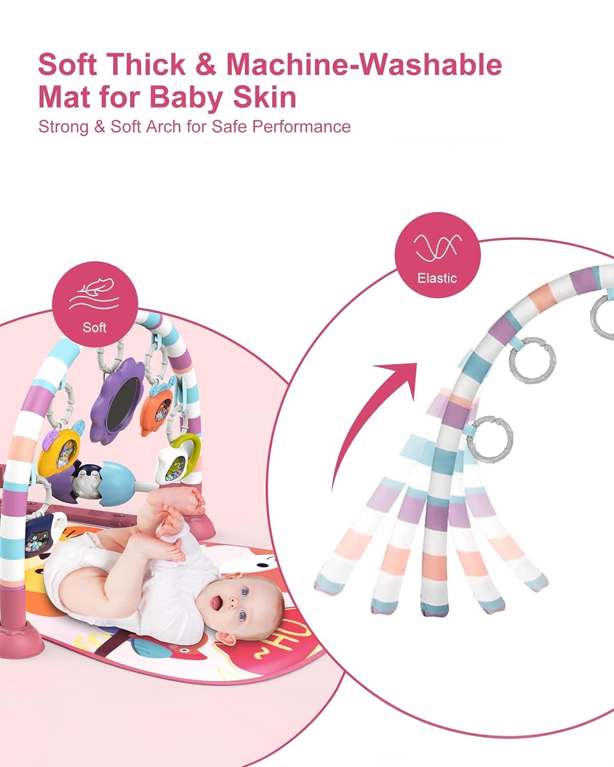 dearlomum Baby Play Mat Gym, Funny Play Piano Tummy Time Activity Mat with 5 Infant Sensory Toys, Music and Lights, Boy & Girl Gifts for Newborns 0 to 3 6 9 12 Months(New Pink)