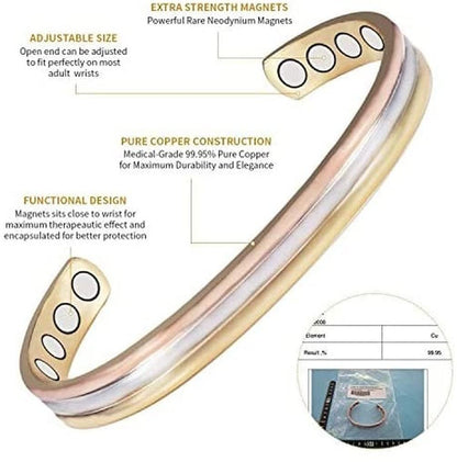 YINOX (CPB-0945SRG CPR-0013) Tri Tone Magnetic Copper Bracelet Ring Set for Arthritis for Women Health Jewelry