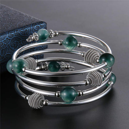 PEARL&CLUB Beaded Chakra Bangle Turquoise Bracelet - Fashion Jewelry Wrap Bracelet with Thick Silver Metal and Mala Beads, Birthday Gifts For Women(63-Jade Green)