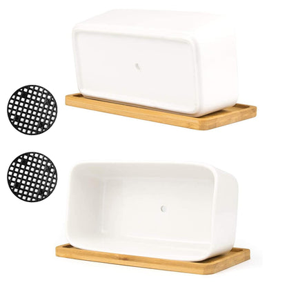 ARVINKEY White Ceramic Succulent Planters, Indoor and Outdoor Succulent Planters, Set of 2 Small Cactus Containers, Bonsai Pots, Flower Pots with Drainage Hole and Bamboo Bowl (No Plant)