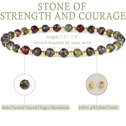 QOGIR Dragon Bloodstone - Strength and Courage - 14K Gold Plated Beads Natural Gemstone Stretch Elastic Dainty Healing Beaded Bracelets Gifts 4mm
