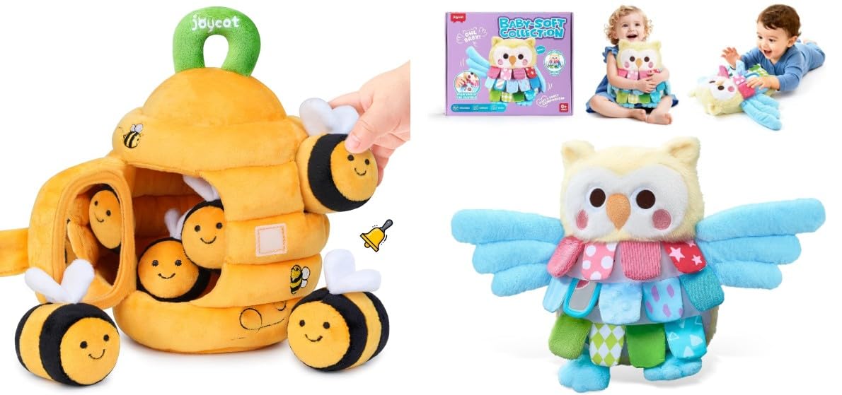 JoyCat Baby Toys 6-12 Months, Soft Baby Beehive with 5 Sensory Bees - Rattle, Crinkle Paper, Squeaker, Mirror + Sensory Owl Stuffed Animal, Soft Tummy Time Toy for Infant with Textured Crinkle Mirror