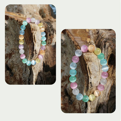8mm Rainbow Selenite Bracelet - Iridescent Natural Crystal | Handmade Meditation Bracelet with Cat-Eye Effect | Come with Beading Tool Kit - Adjustable to 6.5-7.5 inches Wrist Size